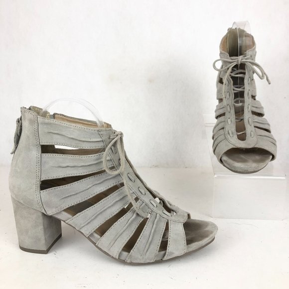 Earthies Women's Size 9.5B Saletto Pale Grey Suede High Heel Lace-Up Sandals